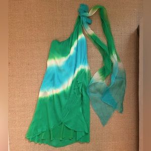Diane Von Furstenberg silk Emerald Cyan Goddess one shoulder Dress bow NWT 0 XS
